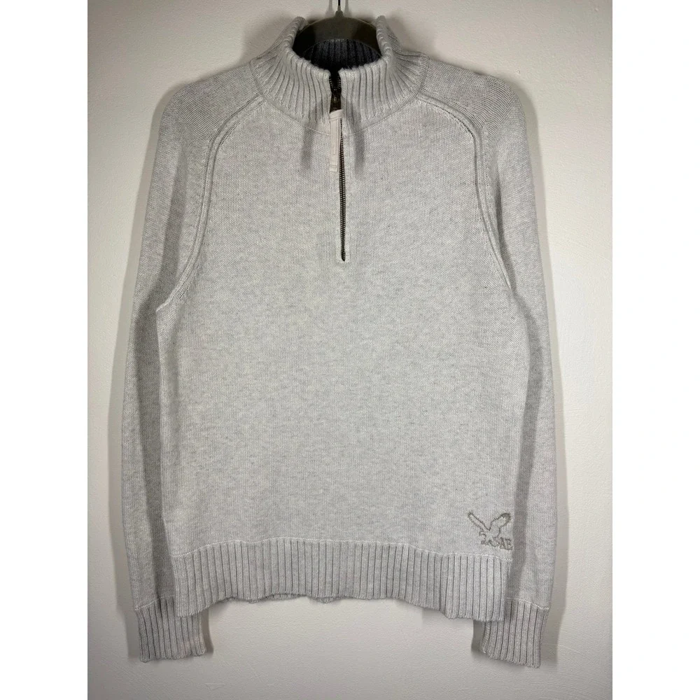 American Eagle Mens Quarter Zip Sweater M Grey Cream Knit Preppy Old Money